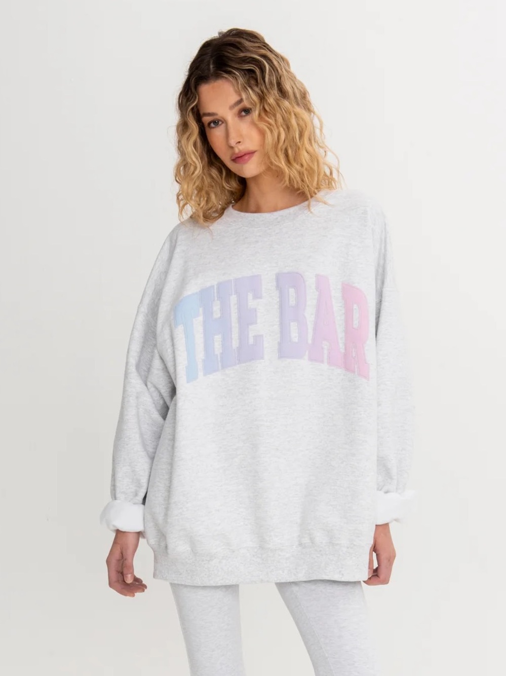 NWT THE BAR VARSITY SWEATSHIRT LT HEATHER GREY / LAVENDER GRAZE